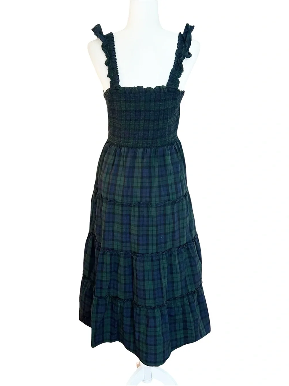 J.Crew Midi Dress Green Tartan Plaid Smocked Poplin Tiered Preppy Holiday SZ M
